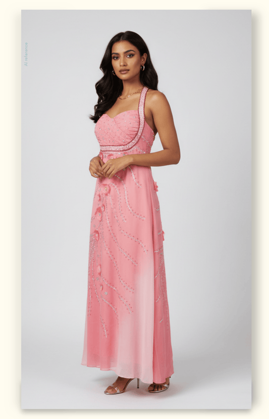Coral Bloom Embroidered Maxi Dress