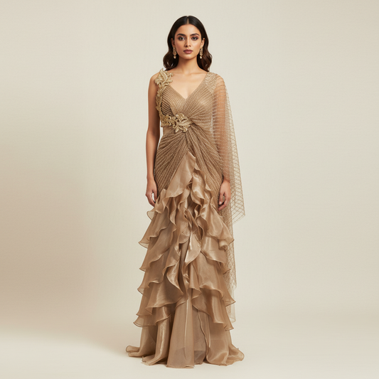 Pearl Drift Embellished Ruffle Saree Gown